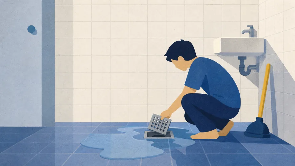 A person crouched lifting a bathroom floor trap cover with water pooled around it
