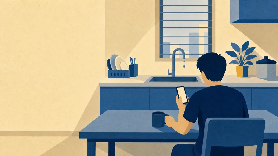 Someone at a kitchen table with a phone and a mug, a tap dripping behind