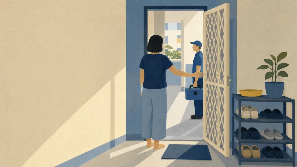 A resident opening the gate to a workman carrying a toolbox
